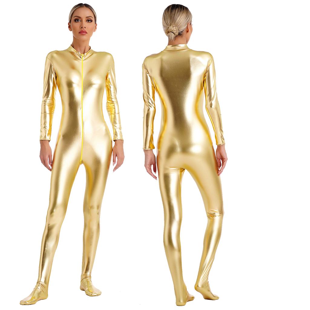 Womens Metallic Shiny Zentai Jumpsuit Mock Neck Long Sleeve Front Zipper Full Body Unitard Tights for Dance Performance