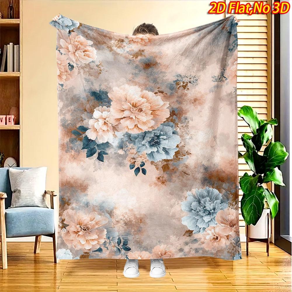 1pc 2D Flat Printing Spring And Summer New Arrival Powder Blue Floral Ink Wash Digital Print Blanket, All-Season Use, Casual Throw, 100% Polyester Fib