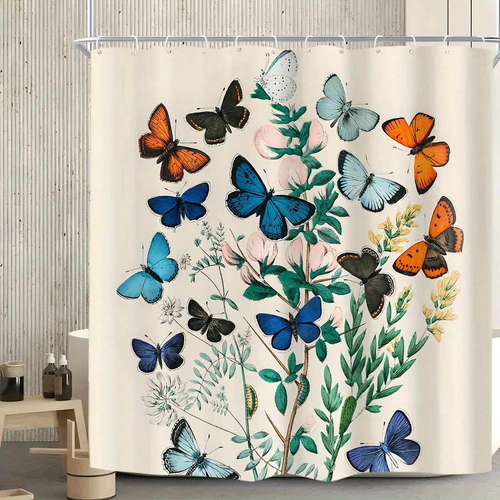 Floral Butterfly Shower Curtain – Polyester Fabric Bathroom Decor, Can Be Used As Room Divider Or Wall Hanging