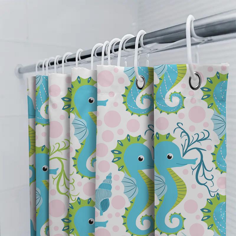 Blue Green Seahorse Pattern Shower Curtain Waterproof Fabric Bathroom Decor Set For Home Decoration Size: 72X84 Inches (183Cm X