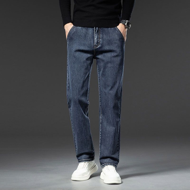 Jeans Autumn and Winter Fleece Thickened Jeans Loose Straight Retro Versatile Elastic Business Casual Pants