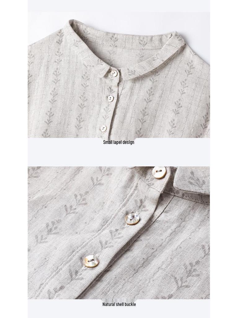 Women's Artistic Floral Print Linen Midi Dress - Summer, Loose Fit, Mid-Sleeve, Lapel Collar.