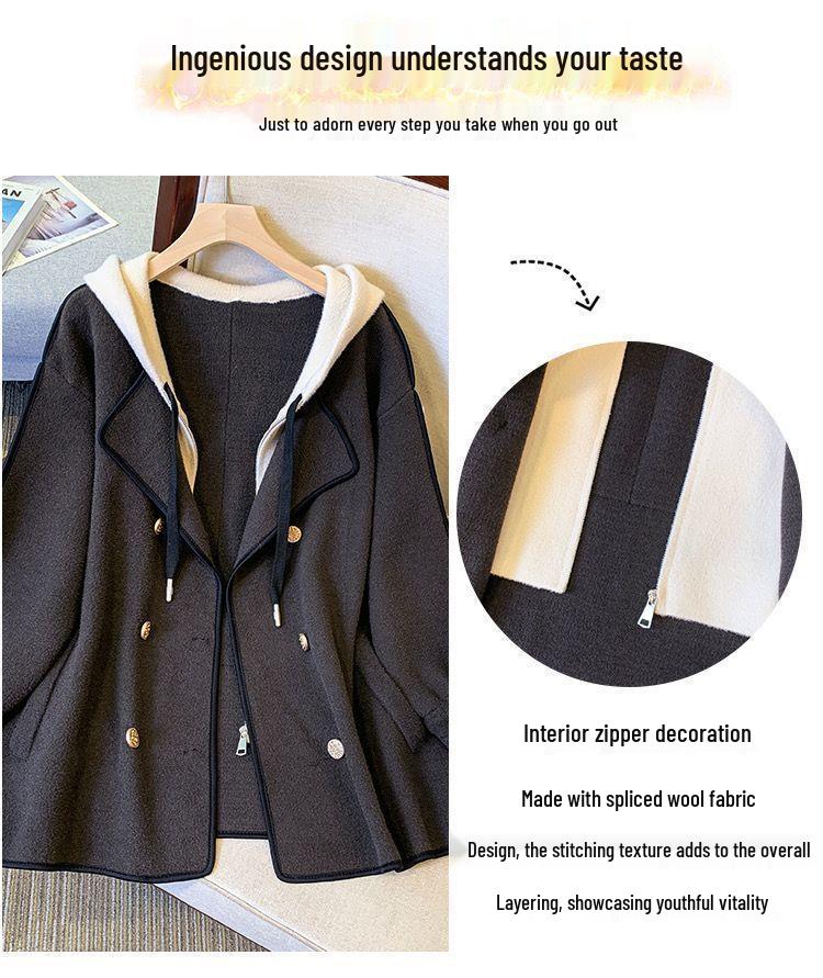 Dubbelsidig Huvförsedd Ullstickad Patchwork Smal Kofta