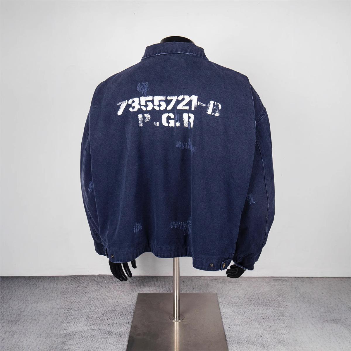 

EastRogue Уличный хип-хоп Фэн-шуй Вареный Потертый Джинсовый шорт ручной работы Широкая куртка на молнии XL тёмно-синий