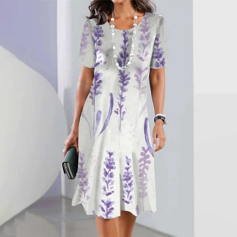 Elegant Floral Print Midi Dress Summer Women's Loose A-Line Dress Digital Printing Round Neck Short Sleeve Comfortable Fit