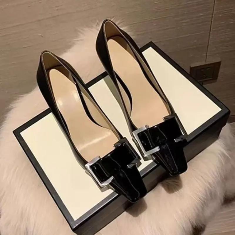 Fashion Metal Buckle Thin Heel Single Shoes Autumn New Square Toe Shallow Mouth Slip-on Kitten Heel Shoes