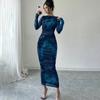2025 Autumn New Arrival: Trendy Sexy Mesh Print Pleated Sexy Tight Dress for Export Sale and Europe