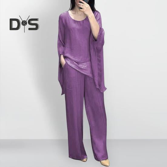 Abito casual da donna con giunture Top Pantaloni a gamba larga Abito ampio per casa Festa Ufficio Girocollo Manica a pipistrello Abito da pendolarismo