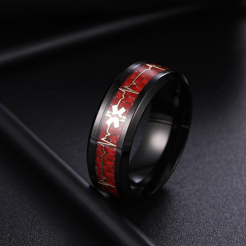 Red Carbon Fiber Medical Logo Titanium Steel Ring New Heart of Life Jewelry Men's Hand Jewelry