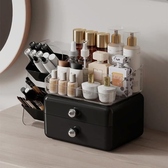 Desktop Cosmetics Storage Box Large Capacity Cosmetic Organizer with 2 Drawers Removable Multi-Compartment Box Makeup Organizer for Dresser