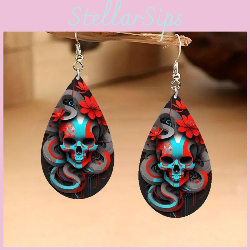 Halloween Themed Flower Skull Patterns Water Droplet Shaped Women Earrings For Dark Style Festive Occasion