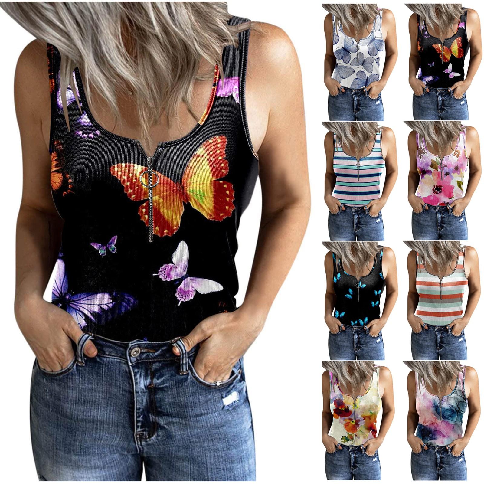 

Ladies Zipper V Neck Printed Sleeveless Slim Tank T-Shirt Fashion Tops Slim Tops