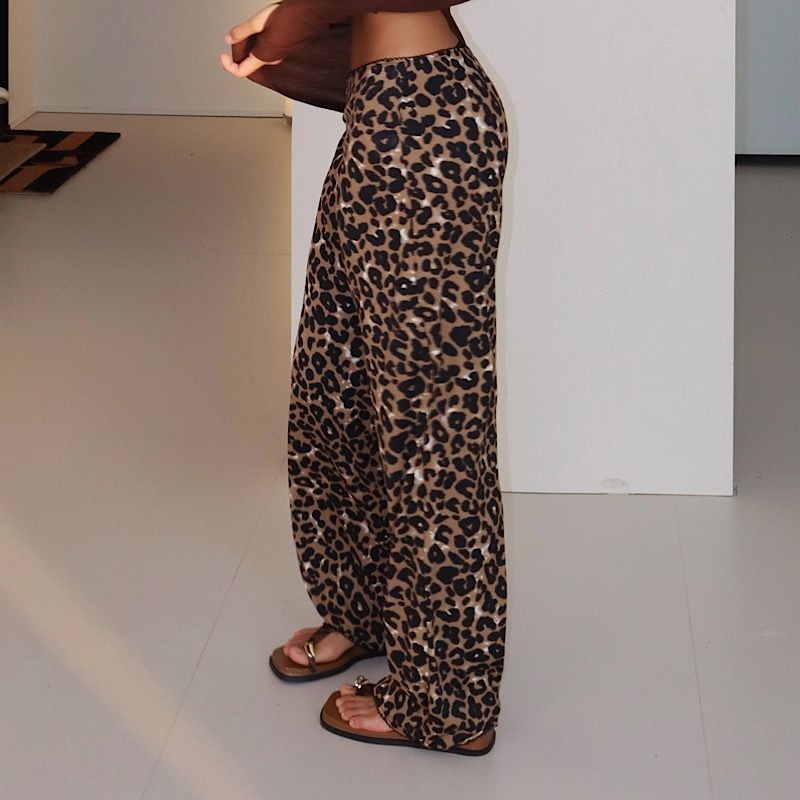 Akiyo Studio Western Style Gyaru Leopard Print Straight Casual Trousers Fashionable Low Waist Lace Draping Effect Trousers