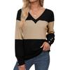 Women's Loose V-Neck Long Sleeve Colorblock T-Shirt Button Long Sleeve