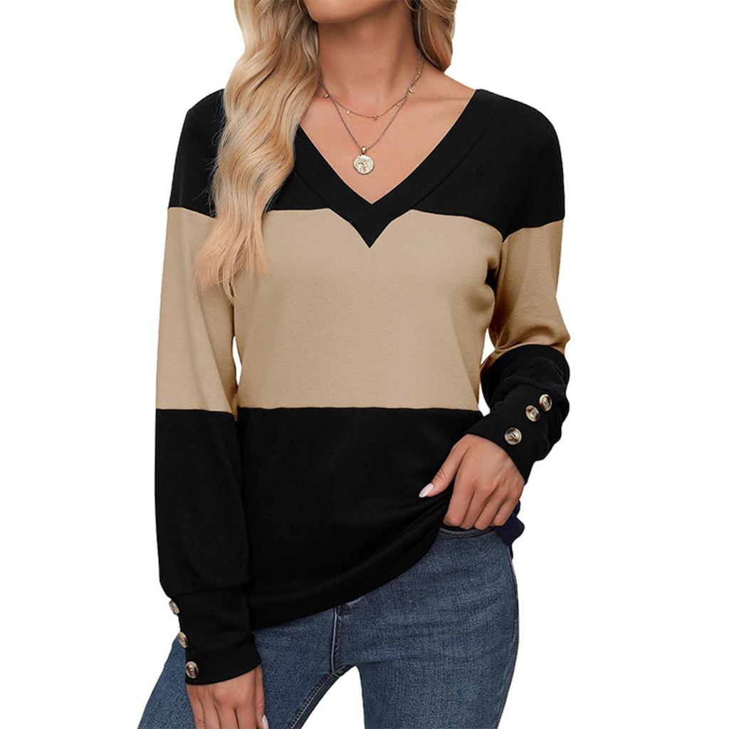 Women's Loose V-Neck Long Sleeve Colorblock T-Shirt Button Long Sleeve