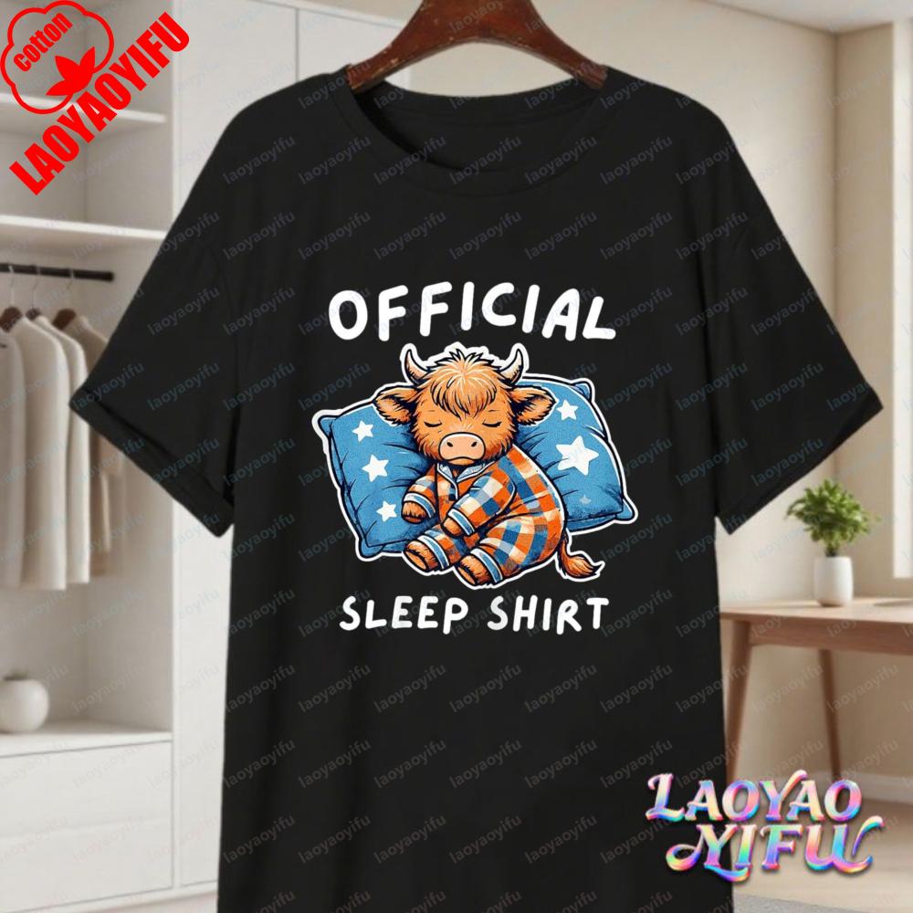 Casual Highland Cow Pajama Cotton TShirt Soft 100 Cotton Sleepwear Graphic Tee Summer Clothes for Women Unisex Loungewear Apparel