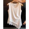Two-Layer Asymmetric Tank Top with Ruched Waist and Lace Scalloped Hem