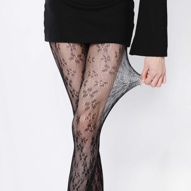Floral Pattern Brown Fishnet Pantyhose Women Sexy Coffee Hollow Out Mesh Tights Y2K Lolita Nylon Transparent Lace Stockings