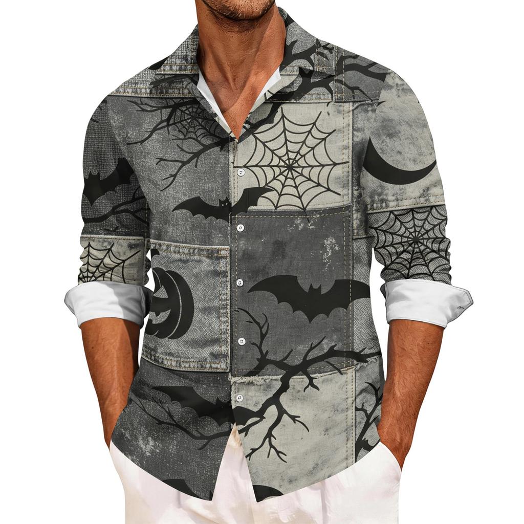 Men's Casual Long Sleeve Button Down Shirt Halloween Print Patchwork Design Lightweight Breathable Fabric Relaxed Fit