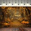 Piano 2D 1 pezzo di tessuto di sfondo per sentiero nella foresta magica - foglie autunnali dorate rami luminosi e decorazioni di zucche