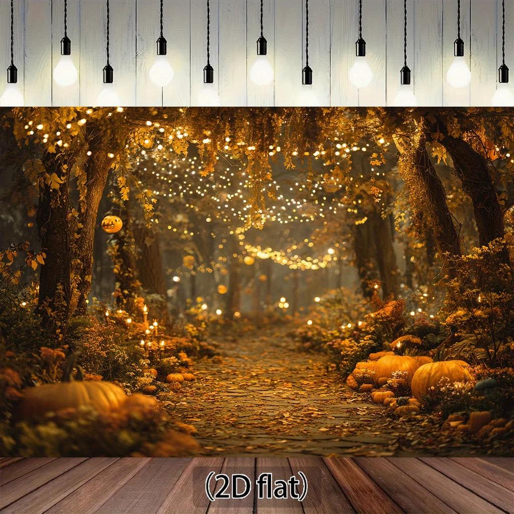 Piano 2D 1 pezzo di tessuto di sfondo per sentiero nella foresta magica - foglie autunnali dorate rami luminosi e decorazioni di zucche