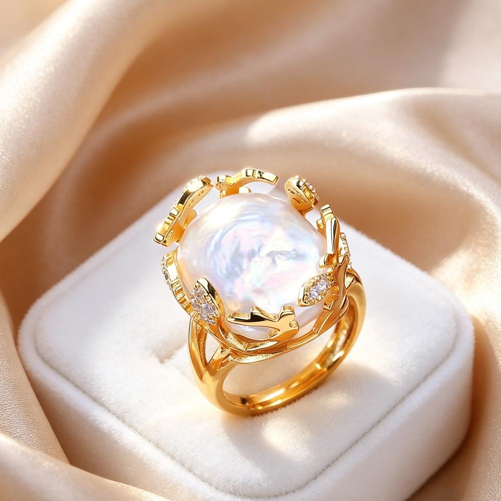 LSOOYH Süßwasser Große Barockperlen Ringe Für Damen Klassisch Silber Gold Farbe Party Ring Perlen Schmuck