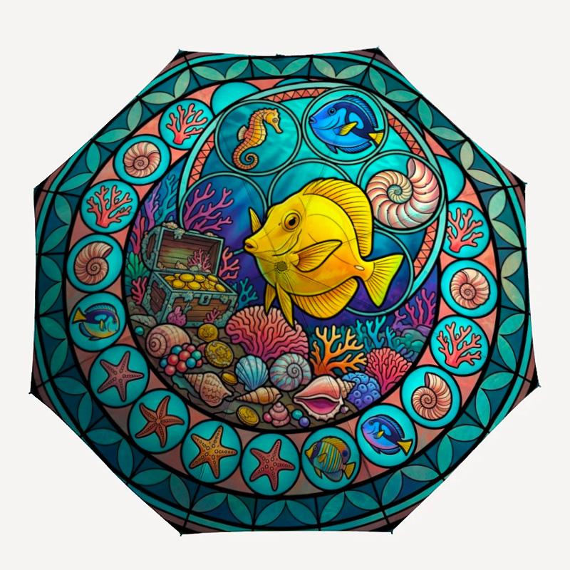 Underwater Treasure Hunt Pattern Umbrella, Portable and Foldable Design, 8 Ribs, a Casual Accessory for Halloween, Christmas, and Birthday Gifts.