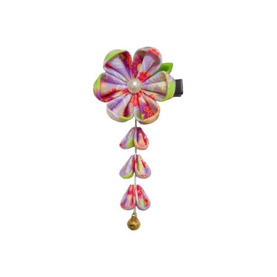 Harukita Hair Clip with Bell, Tsumami Zaiku Flower, Purple Floral Design, Fabric, Pearl Accent, Easy Snap-on for Kimono, Yukata, Graduation