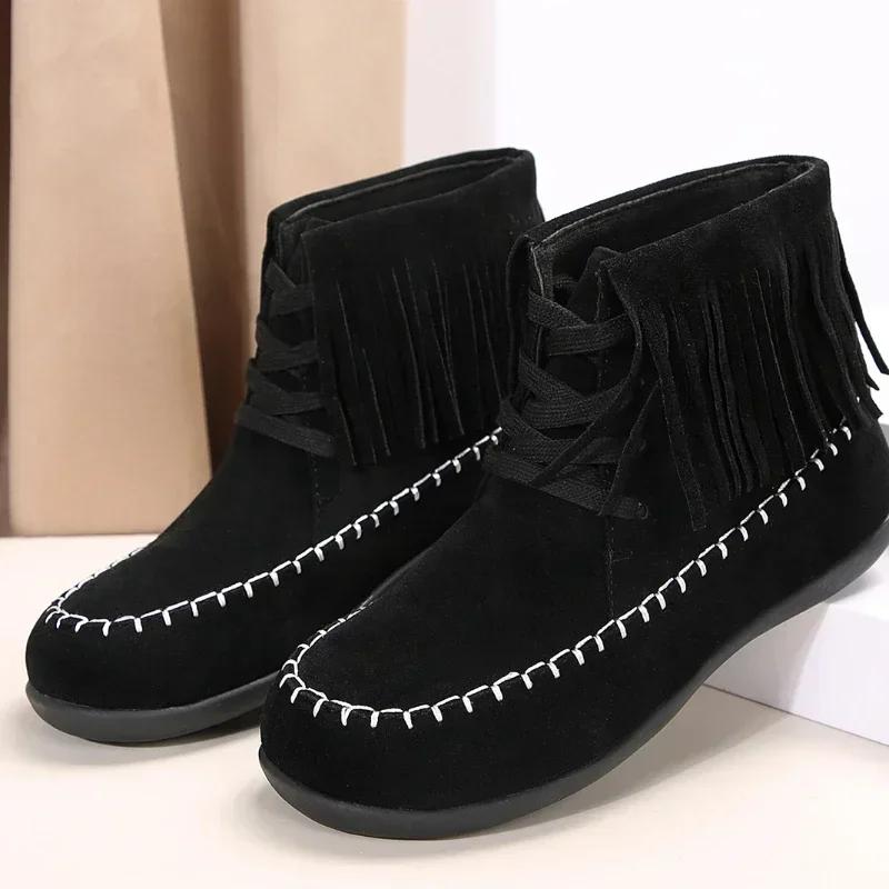 

Женские ботинки 2025 Новинка Горячая распродажа Обувь для женщин На шнуровке Зимние Круглый носок Однотонные Флок Короткое голенище Большой размер Кисточка Римские ботинки 43 чёрный