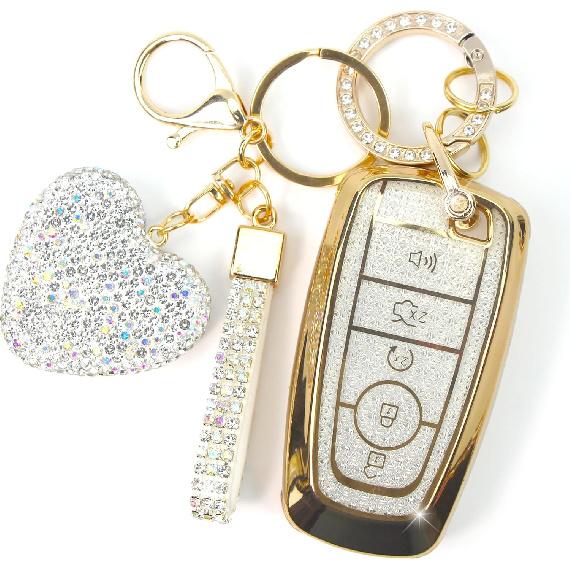 Key Fob Cover with Diamond Keychain for Women, Car Key Holder Compatible with Ford Explorer Fusion Edge Expedition F150 F250 F350 F450 F550 Maverick
