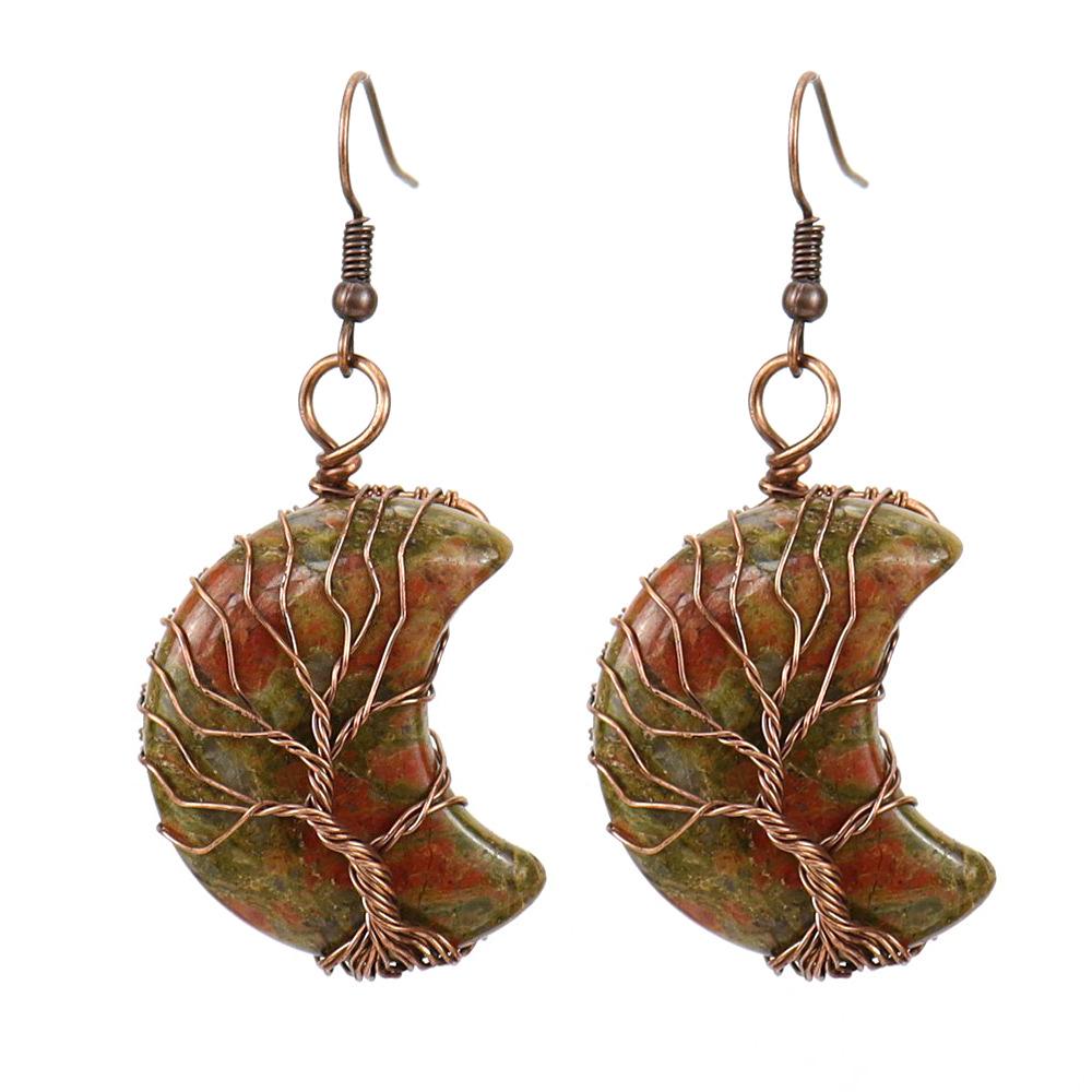 Retro Handmade Wire-Wrapped Amethyst Crystal Tree of Life Crescent Moon Earrings