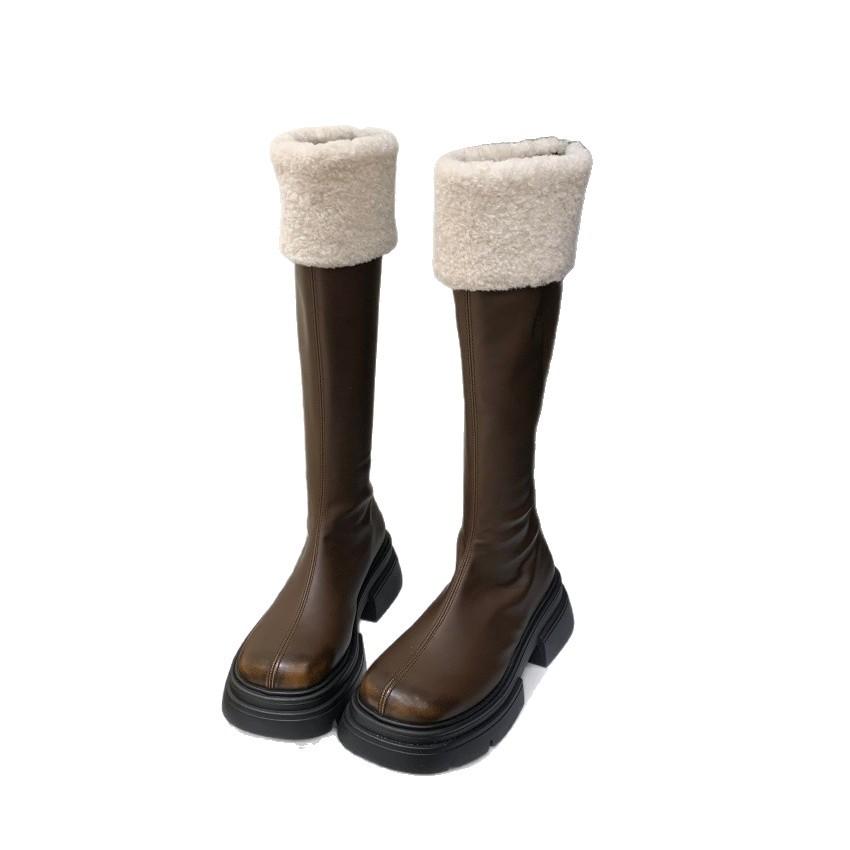 Boots for Women~ Autumn and Winter New Round Head Plush Thick-soled White Boots Medium Long Knight Boots for Women