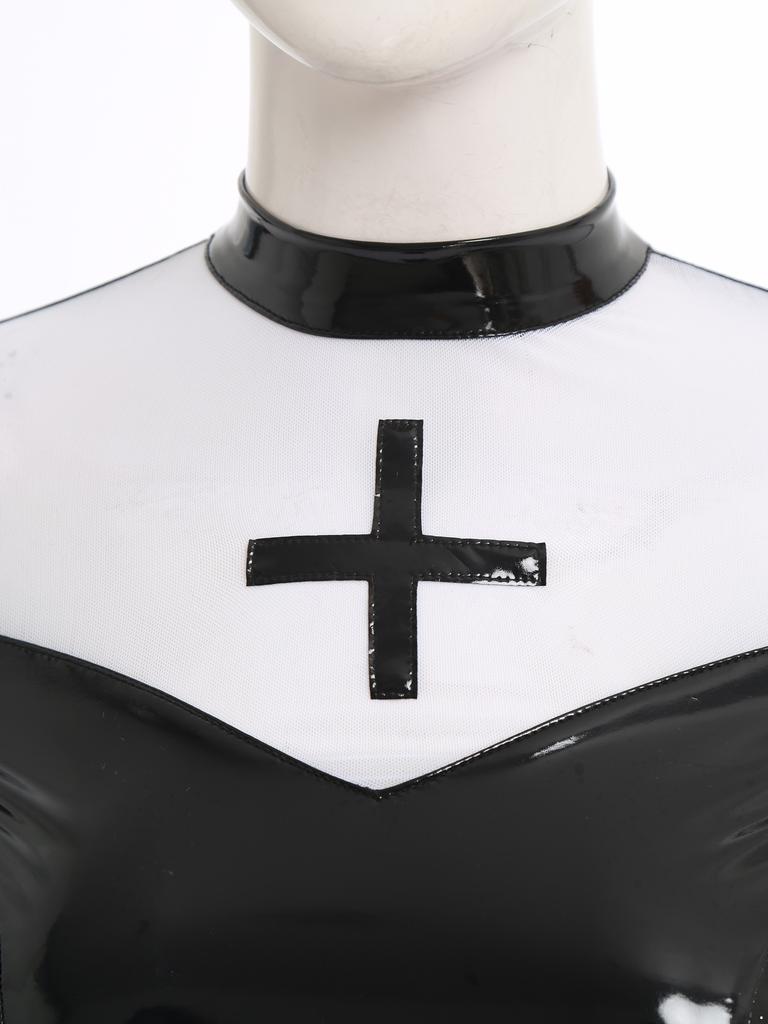 Robe Cosplay de Nonne pour Femme Col Montant Manches Longues Patchwork de Maille Croix Ourlet Fendu Robe Mini Moulante Halloween