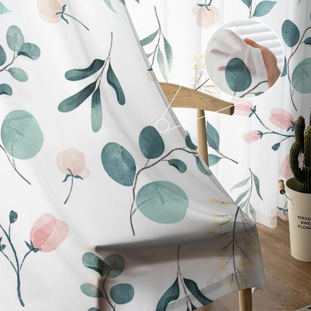 Plantas Folhas Verdes Aquarela Cortinas de Tule para Sala de Estar Cortina Translúcida para Quarto Cozinha Persianas Cortinas Voile