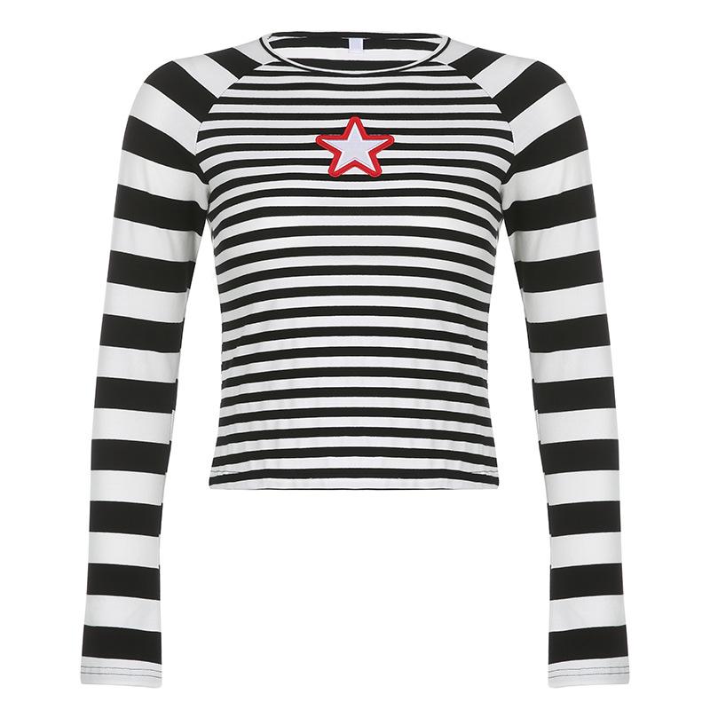 Harajuku Casual Pullovers Aesthetic Ladies 2022 Autumn Fashion T-Shirt Vintage Star Print Striped Long Sleeve Crop Top for Women