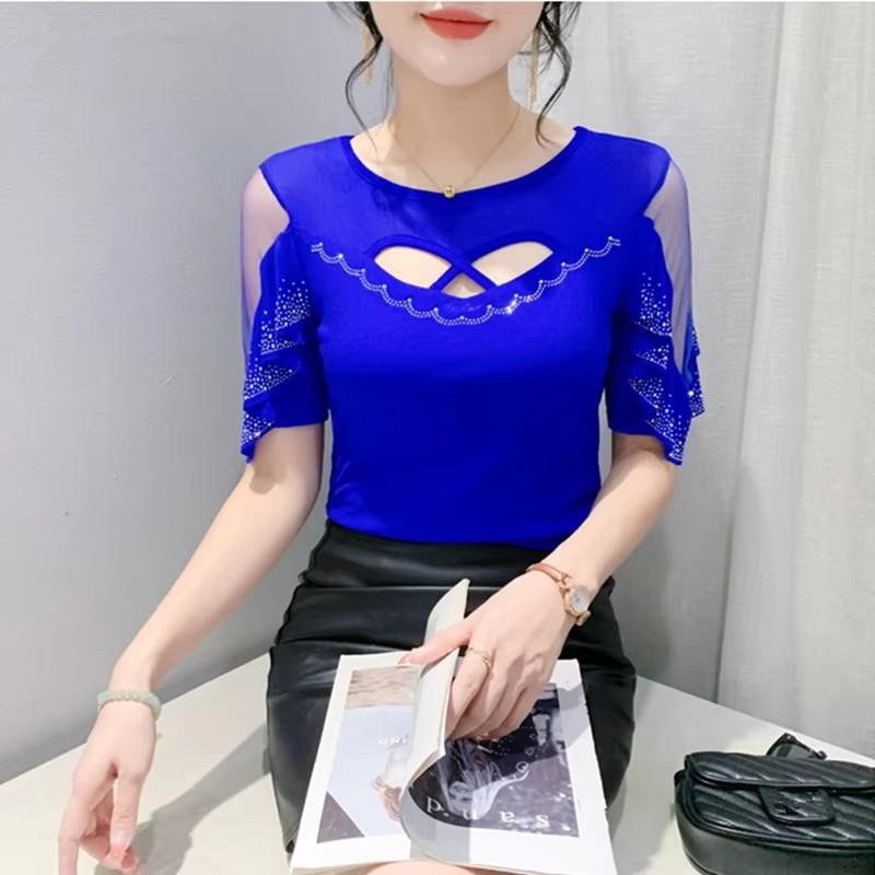 

Летняя европейская одежда Женская футболка Шикарная ажурная с горячими бриллиантами Сетчатые футболки Женские прозрачные топы с коротким рукавом 3XL синий