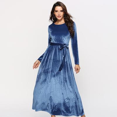 Robe longue pour femmes, couleur unie, col rond, taille haute, lacets, robes en velours doré