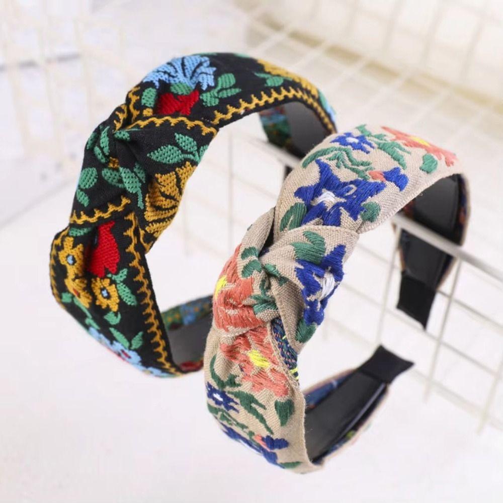 Embroidery Flower Flower Leaf Headband Fabric Cross Knotted Hair Hoop New Head Bezel  Female