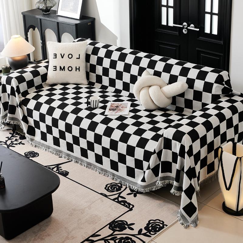 Retro Checkerboard Couch Towel Blanket Universal for All Seasons Tassel Two Side Sofa Towel Outdoor Camp Beach Towels Sofa Chair