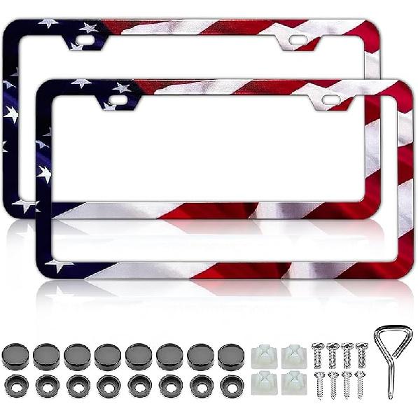 American Flag License Plate Frame Holder - 2 Pack Universal Aluminum Matte Stripe US Flag Gloss Patriotic Car Plate Frame Covers With Free Screws