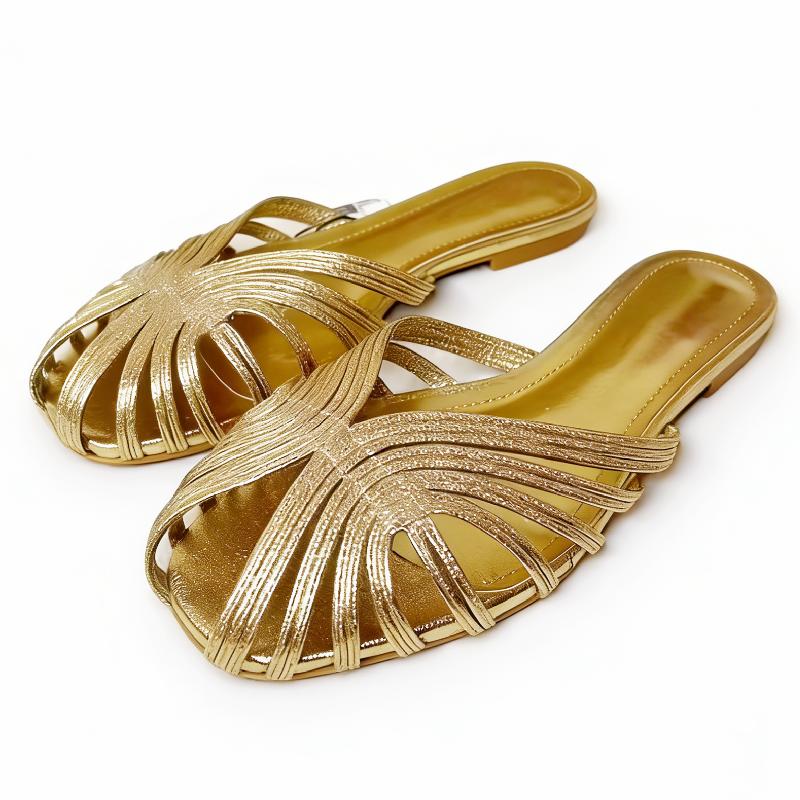 Fashion Gold Narrow Strap Flat Sandals Women Sexy Peep Toe Pointed Toe Slide Sandals Summer Vacation Beach Sandals Zapatos Mujer