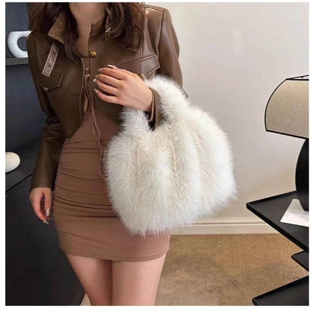 Fashion Lightweight Women'S Handbag Fox Fur Simulation Large Capacity Bucket Bag Soft Solid Color Tote Bag Women