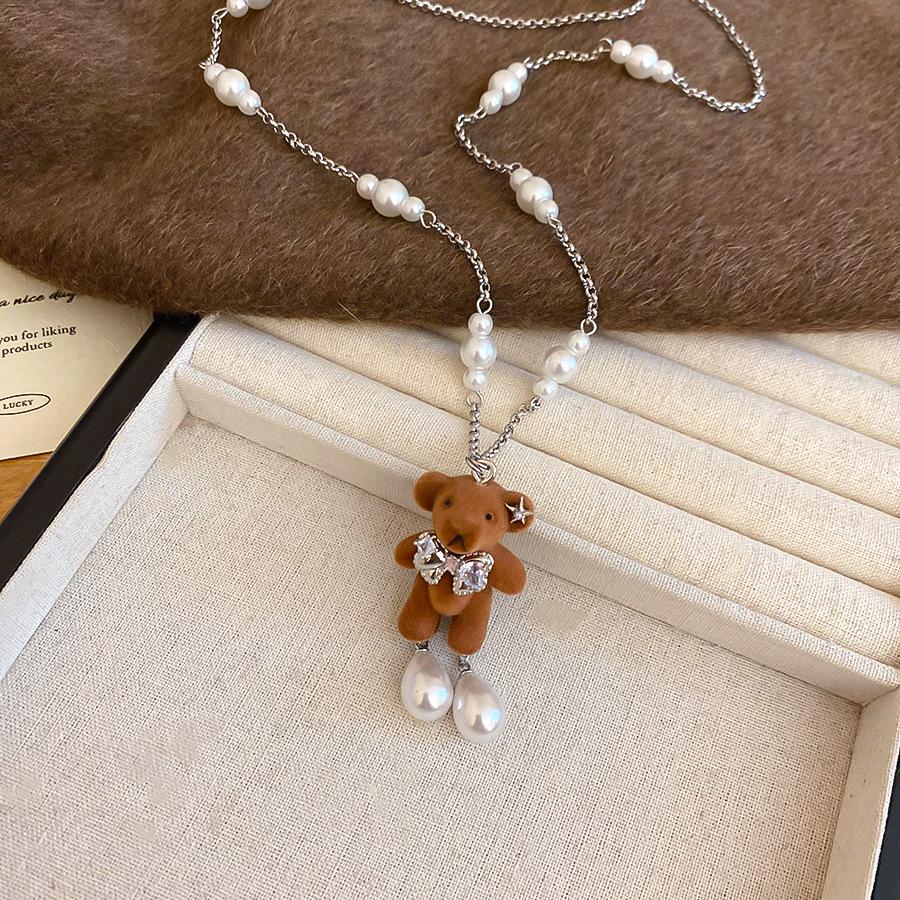 Элегантное ожерелье-свитер с цирконом, жемчужной фигуркой медведя и бантом-сердцем - Мода Осень/Зима