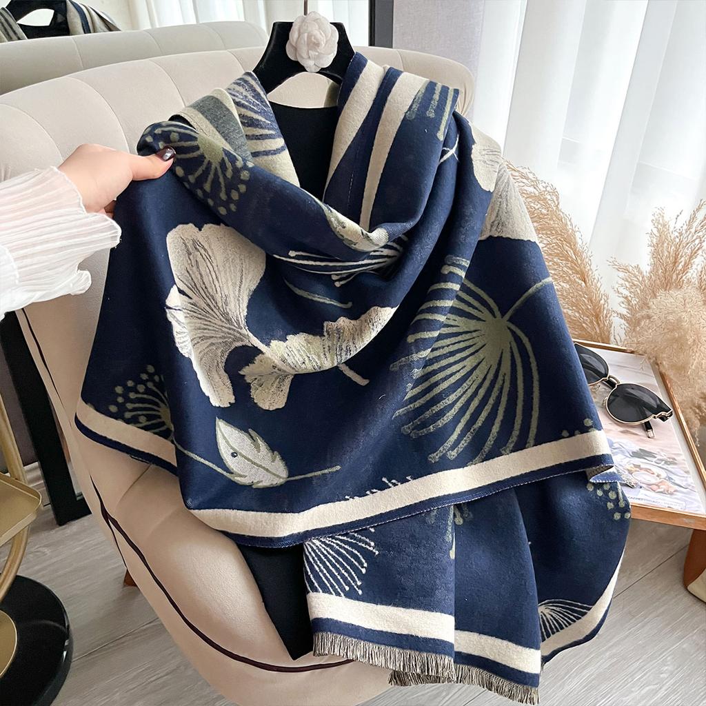 Winter New Luxury Women's Two-Sided Faux Cashmere Floral Print Scarf Thick Warm Soft Shawl Muffler Neckerchief Outdoor