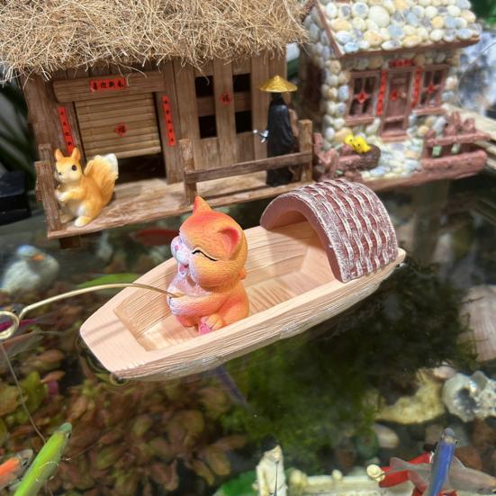Floating Fishing Cat Figurine Black Awning Boat Cartoon Cat Statue Resin Sculpture Fish Tanks Aquarium Micro Landscaping Decoration Ornament
