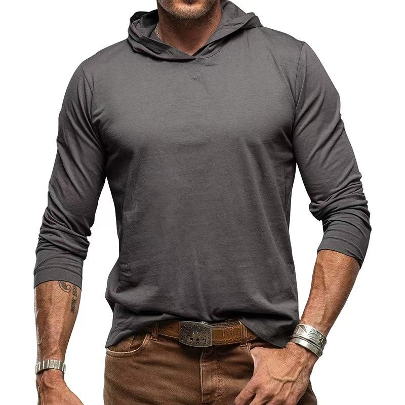 Spring Autumn Loose Casual Solid Color Hooded Tee Male Long Sleeve Pullover Cotton Top Men All-match Tee