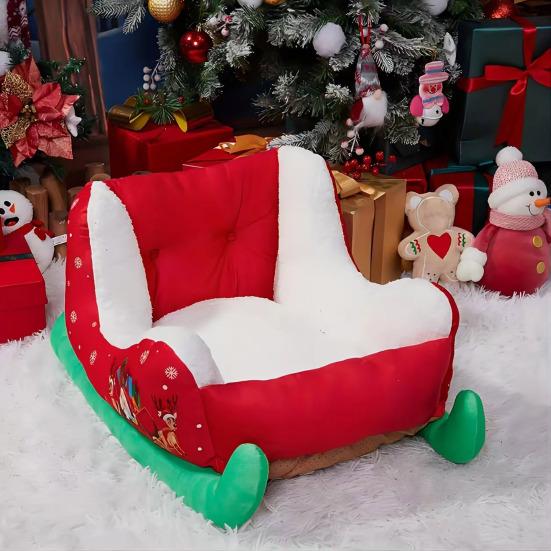 Christmas Sleigh Dog Bed Red Sleigh Fluffy Pet Bed Washable Plush Xmas Cat Couch Bed for Dogs And Cats Couch Floor Use
