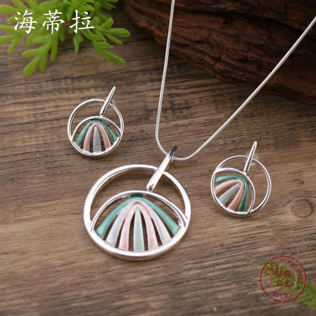 New Enamel Color Round Hollow Line Stud Earrings Pendant Set, Women's Simple Round Line Necklace