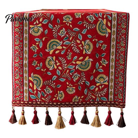 Dining Room Table Runner Jacquard Runner, Vintage Floral Elegant Tassel Edge with Tassels for Home Party Decor