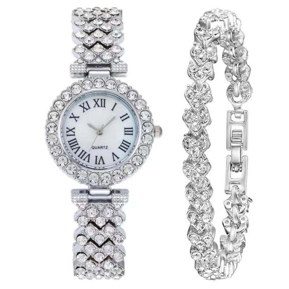 Silver Rhinestone Quartz Watches Luxury Watch Bracelet Set Rose Gold Watch  Daily Use